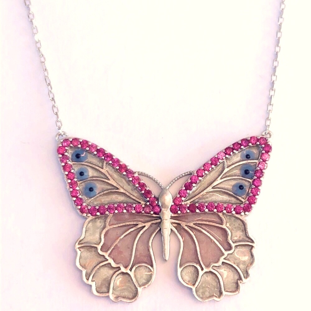 925 silver pink butterfly evil eye cubic zirconia cz stones necklace